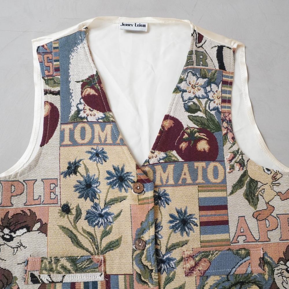 Vintage Jerry Leigh Looney Tunes Tapestry Vest Medium Mens Taz Tomato 90s - Picture 2 of 7